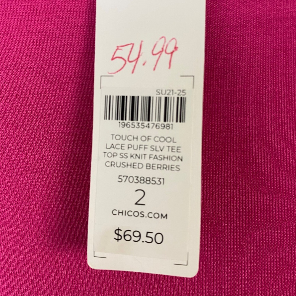 NWT Chicos Touch of Cool Lace Puff Sleeve Tee Pink Square Neck Top Sz 2 US Sz L - Picture 4 of 7